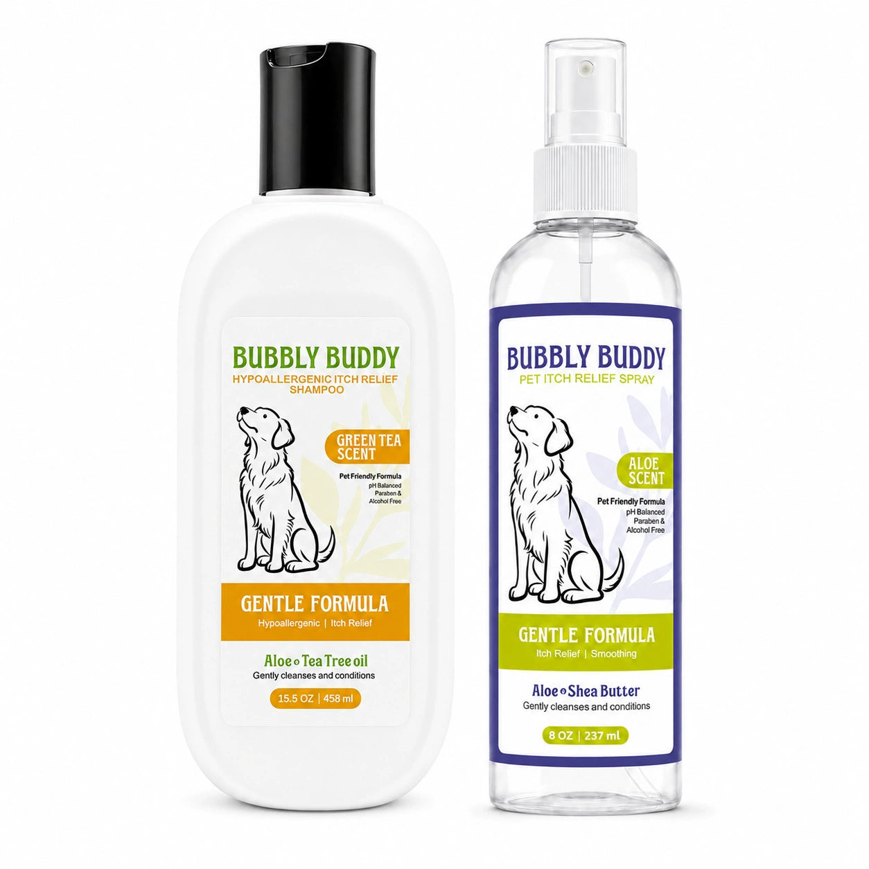 Bubbly Buddy gentle green tea shampoo and soothing coat spray set