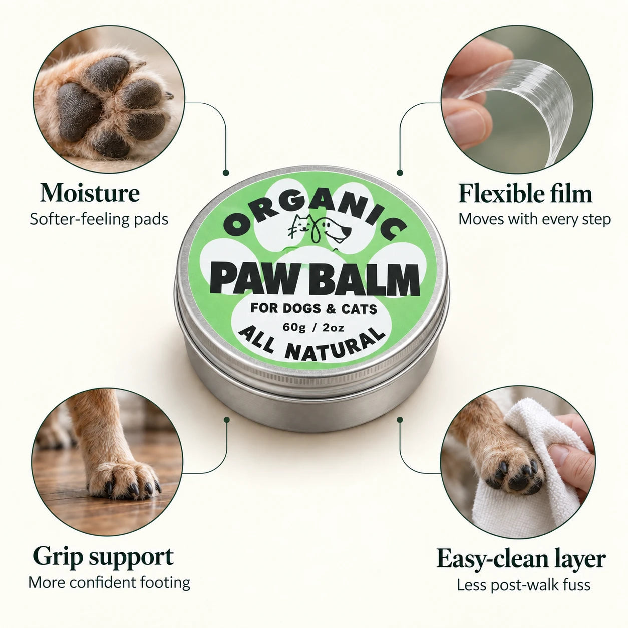 Paw & Cove product with four daily-care outcomes: moisture, flexible protection, grip support and easier cleaning