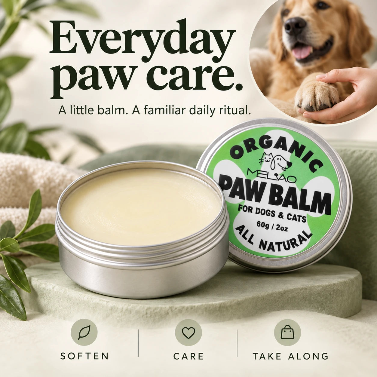 Paw & Cove green-label paw balm tin with creamy balm