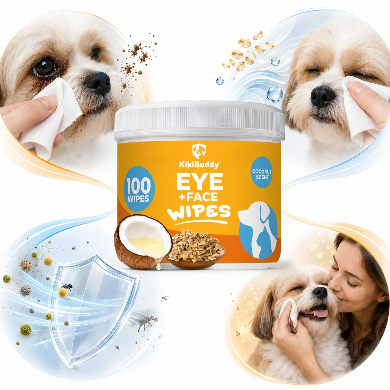 Pet wipe with cleansing, soothing and protective care scenes
