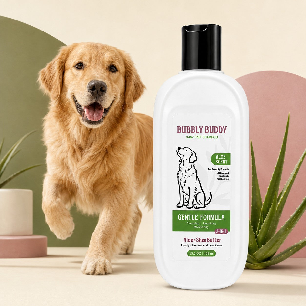 3-in-1 pet shampoo with a dog