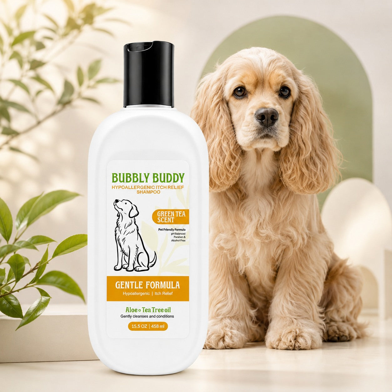 Gentle itch relief shampoo with a dog