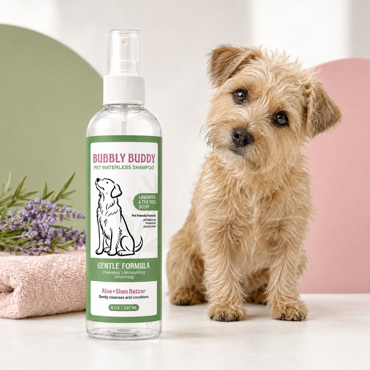 Waterless shampoo spray with a dog