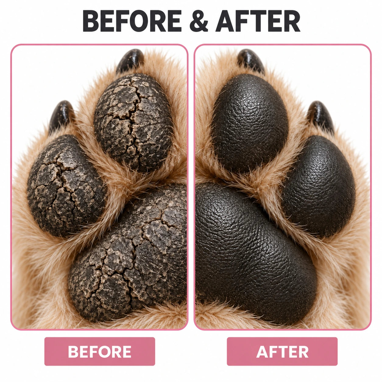Close-up of paw texture before and after care