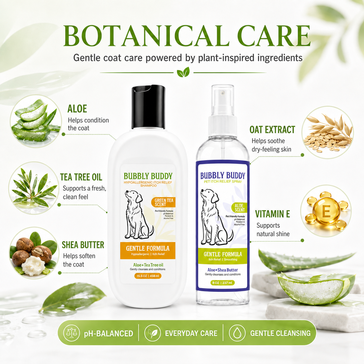 Botanical ingredients featured in Bubbly Buddy dog grooming care