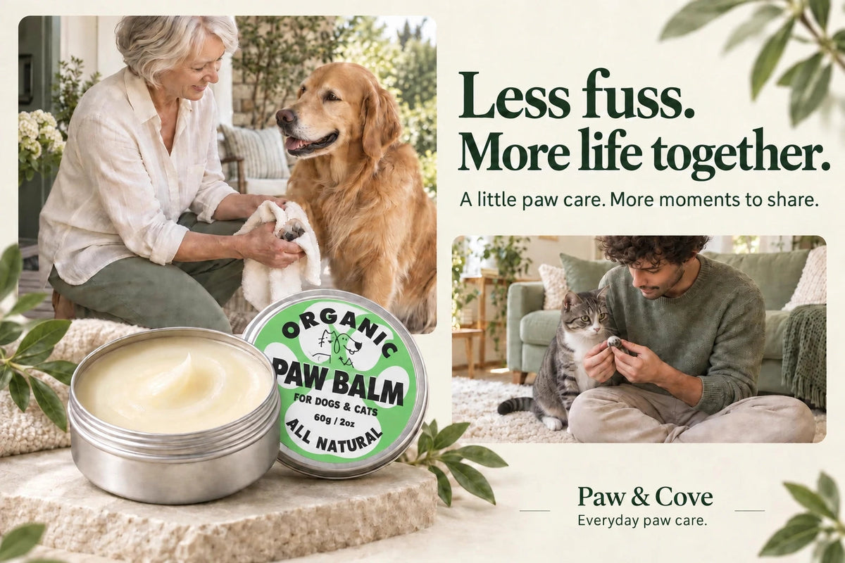 Less fuss. More life together. Paw & Cove paw balm with a woman caring for a golden retriever and a man caring for a tabby cat.