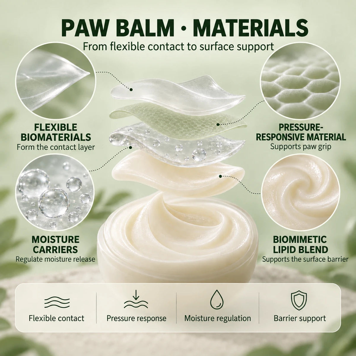 Paw balm materials: flexible biomaterials, pressure-responsive material, moisture carriers, and a biomimetic lipid blend