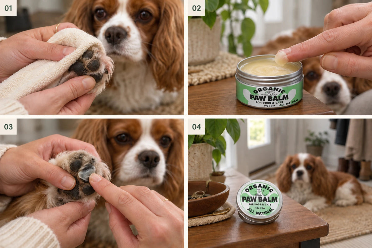Four care moments: clean and dry, open the tin, spread a thin layer, recap and store