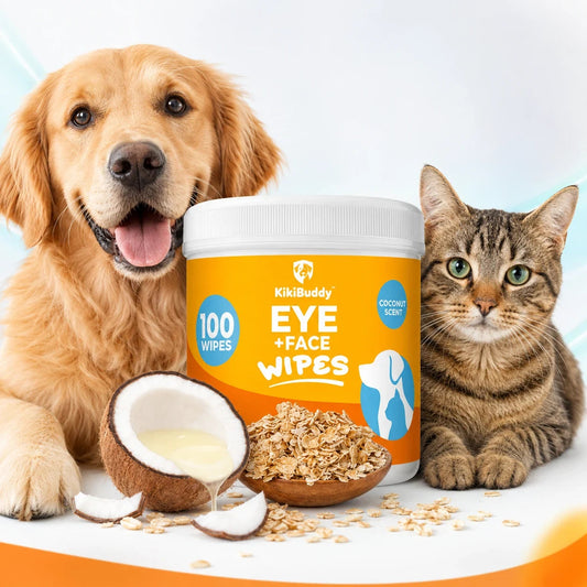 KikiBuddy pet eye and face cleansing wipes, 100 count, with a dog and cat