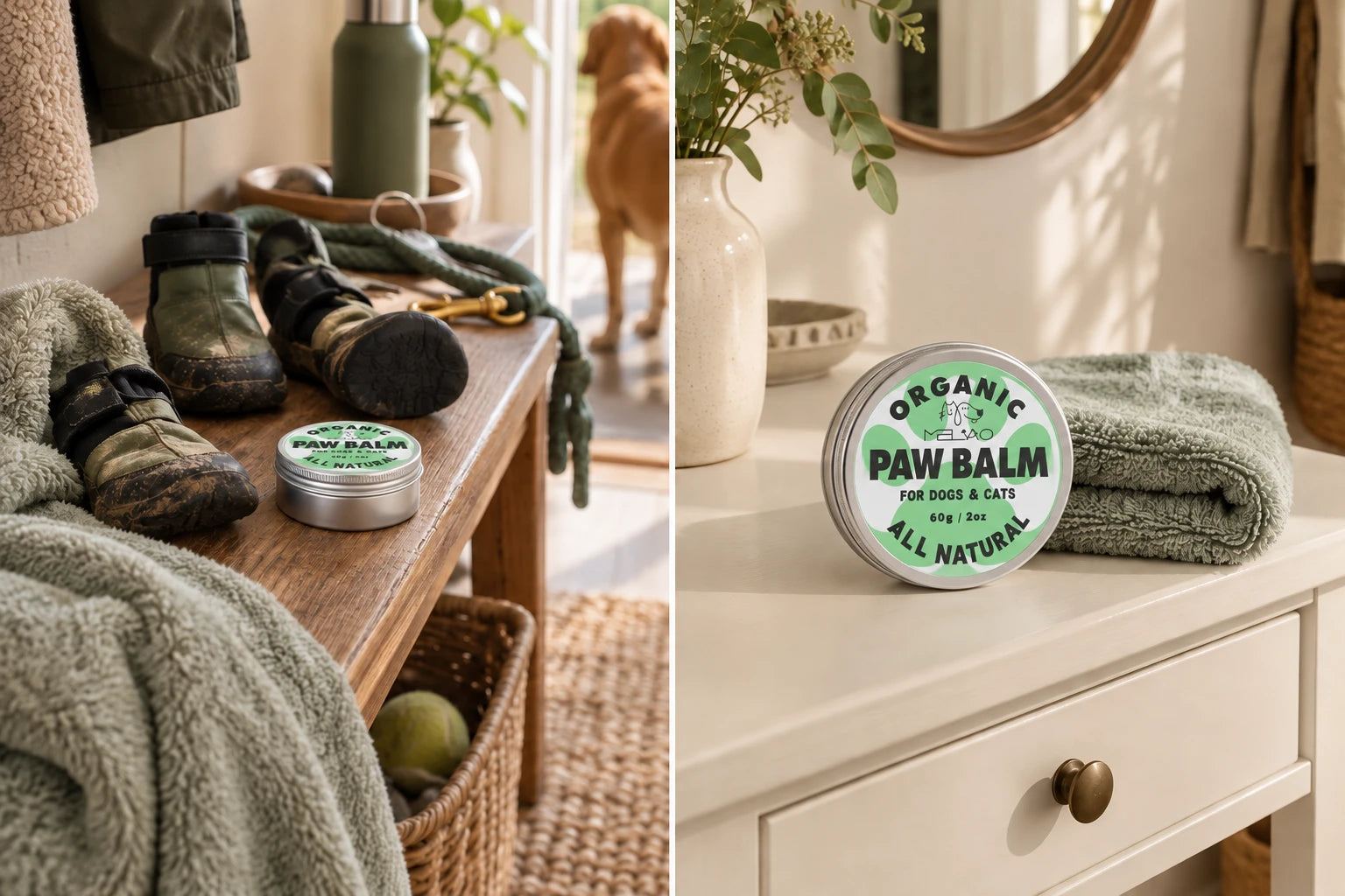 A collection of paw-care tools beside a streamlined balm-and-towel setup