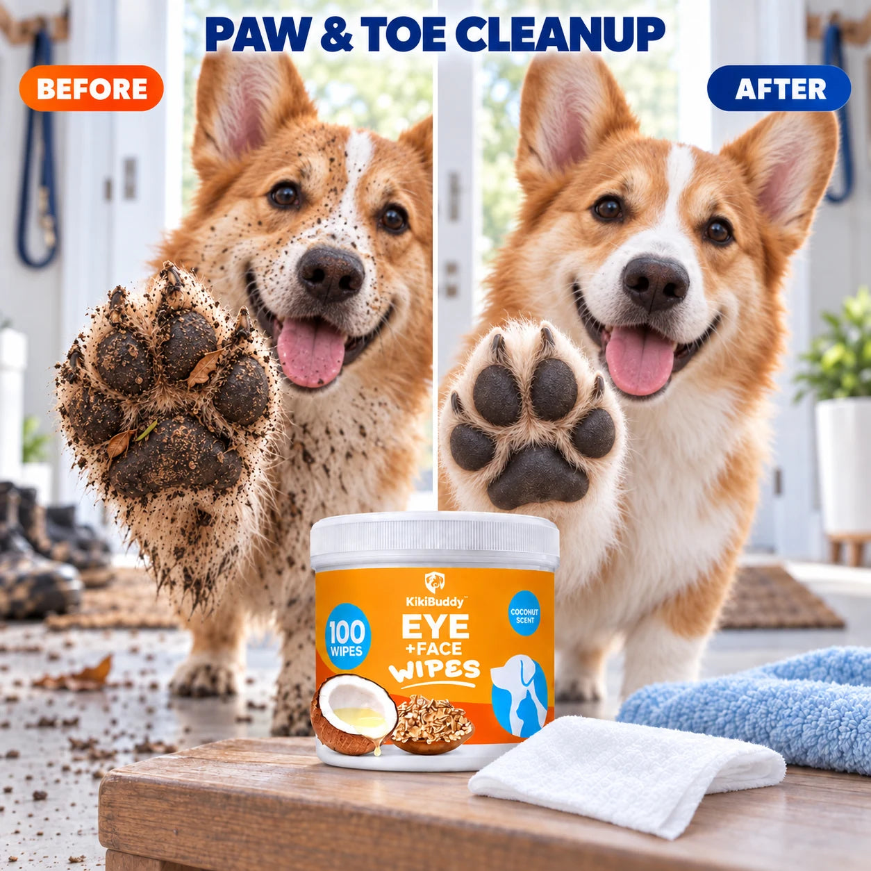 Before and after cleanup of a Corgi dog paw pads and toe edges