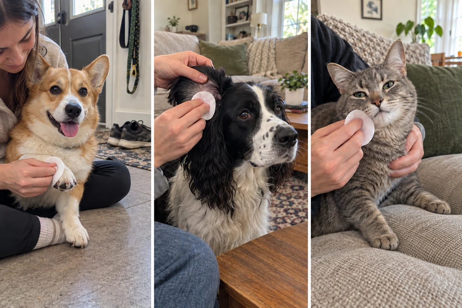 At-home pet care: wiping paws, outer ears and cheek fur with round pads
