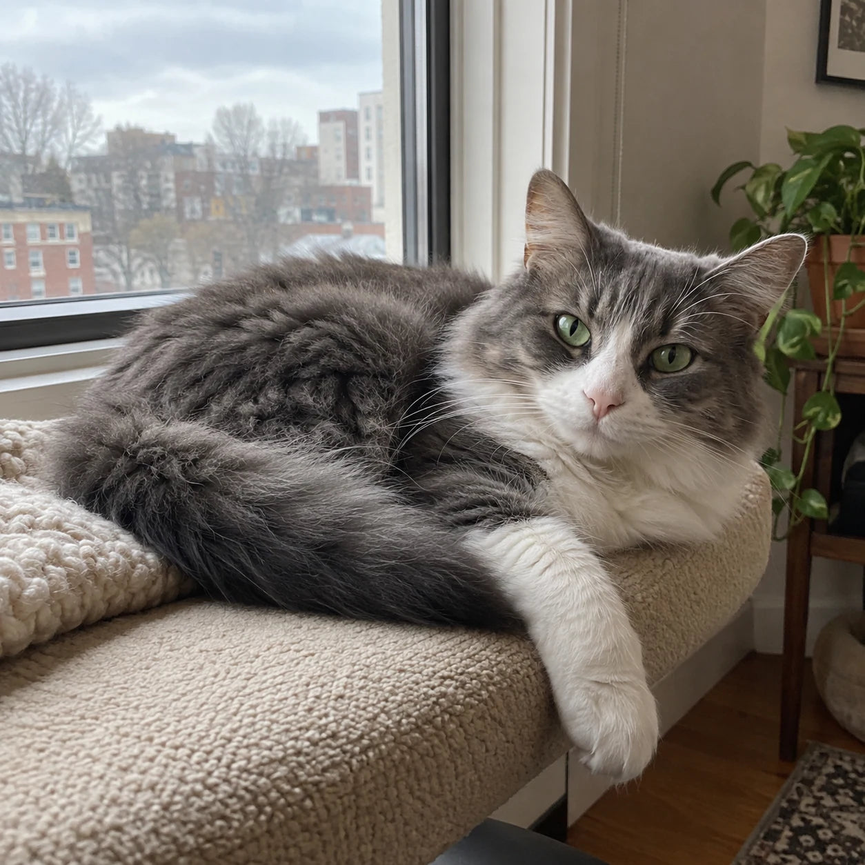 Grey and white cat relaxing on a window seat