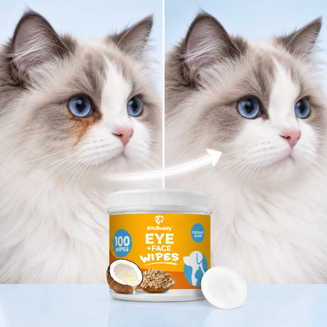 Before and after tear-stain care on a Ragdoll cat