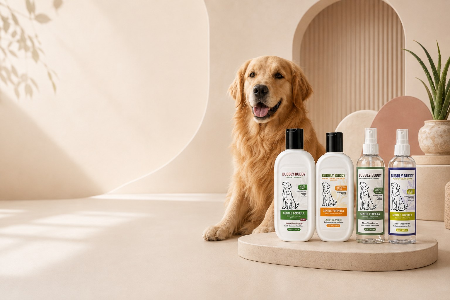 Golden retriever beside the Bubbly Buddy dog grooming collection